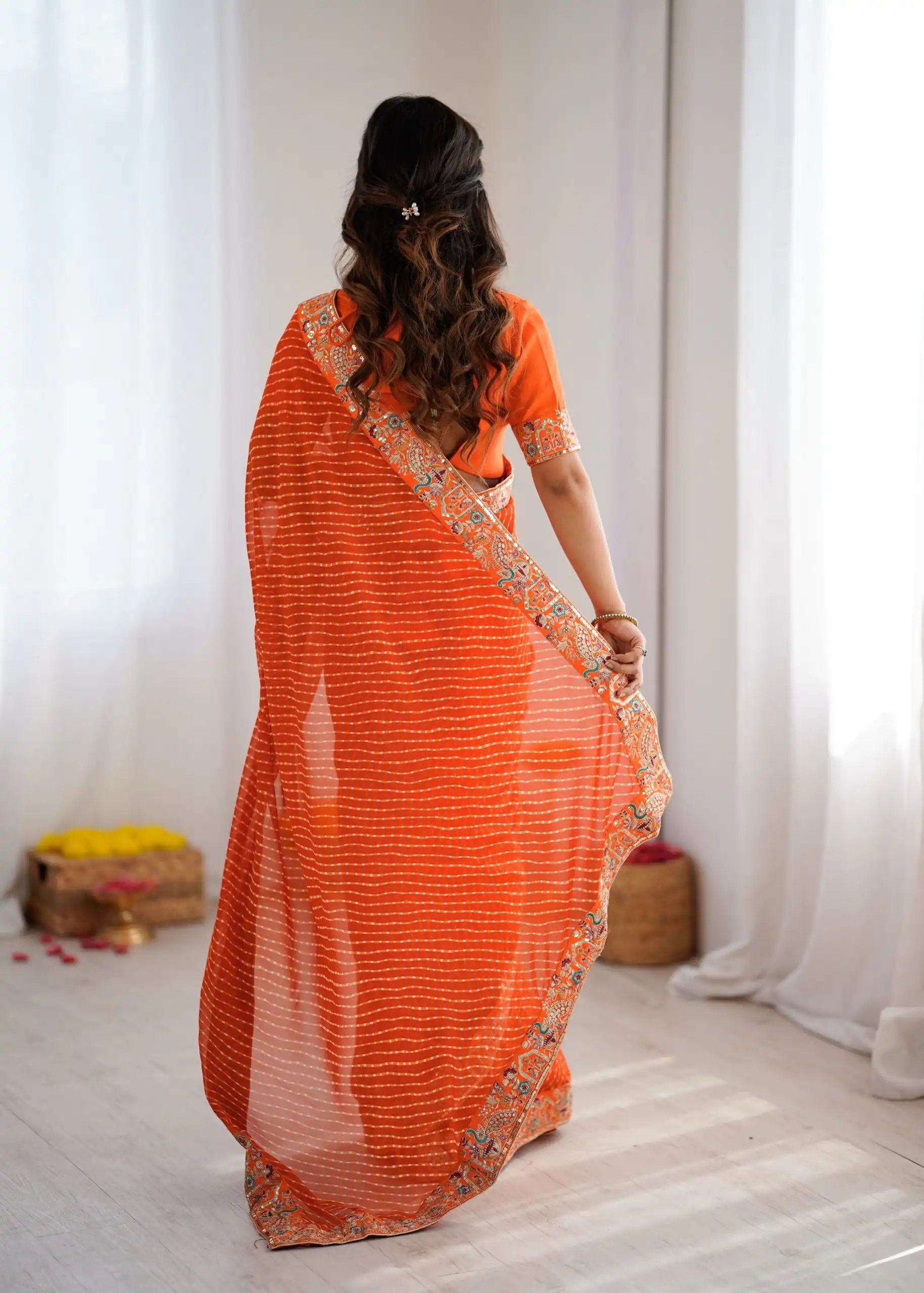 Trendy Orange Faux Georgette Embroidery Work Saree