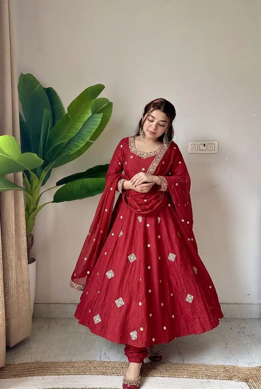 Trendy Red Crunchy Silk With Embroidery Work Gown