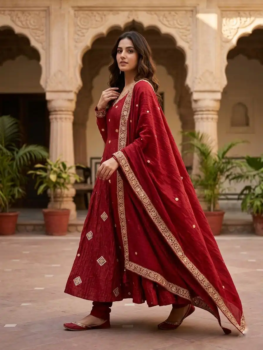 Trendy Red Crunchy Silk With Embroidery Work Gown