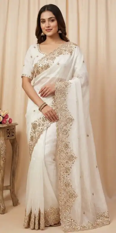 Trendy White Space Silk Embroidery Zari Work Saree