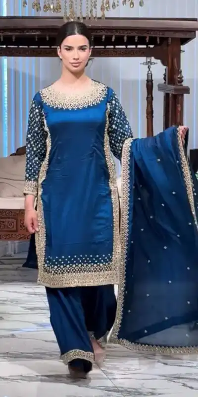Unique Blue Natural Crepe Embroidery Work Salwar Suit