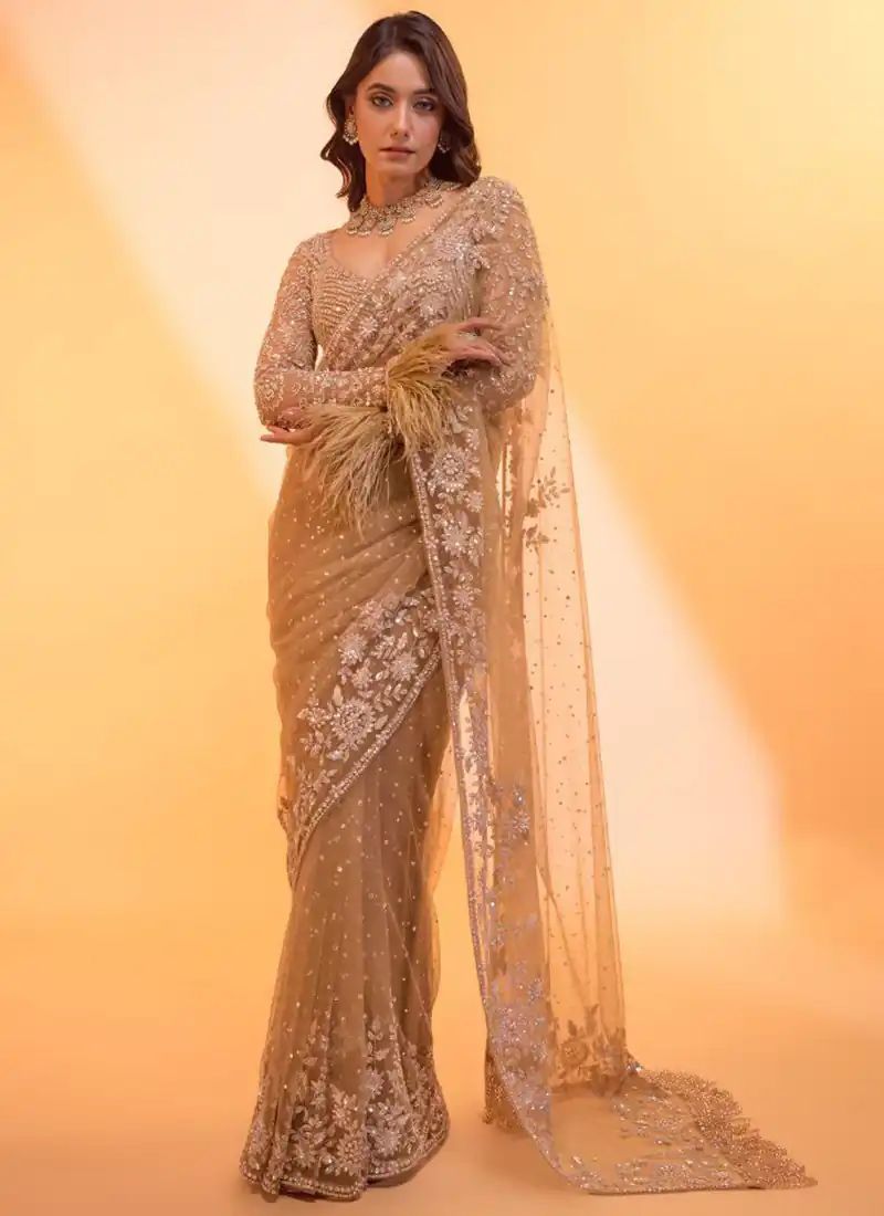 Unique Gold Butterfly Net Sequence Work Saree