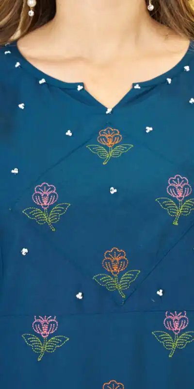 Unique Teal Viscose Rayon Embroidery Work Kurti