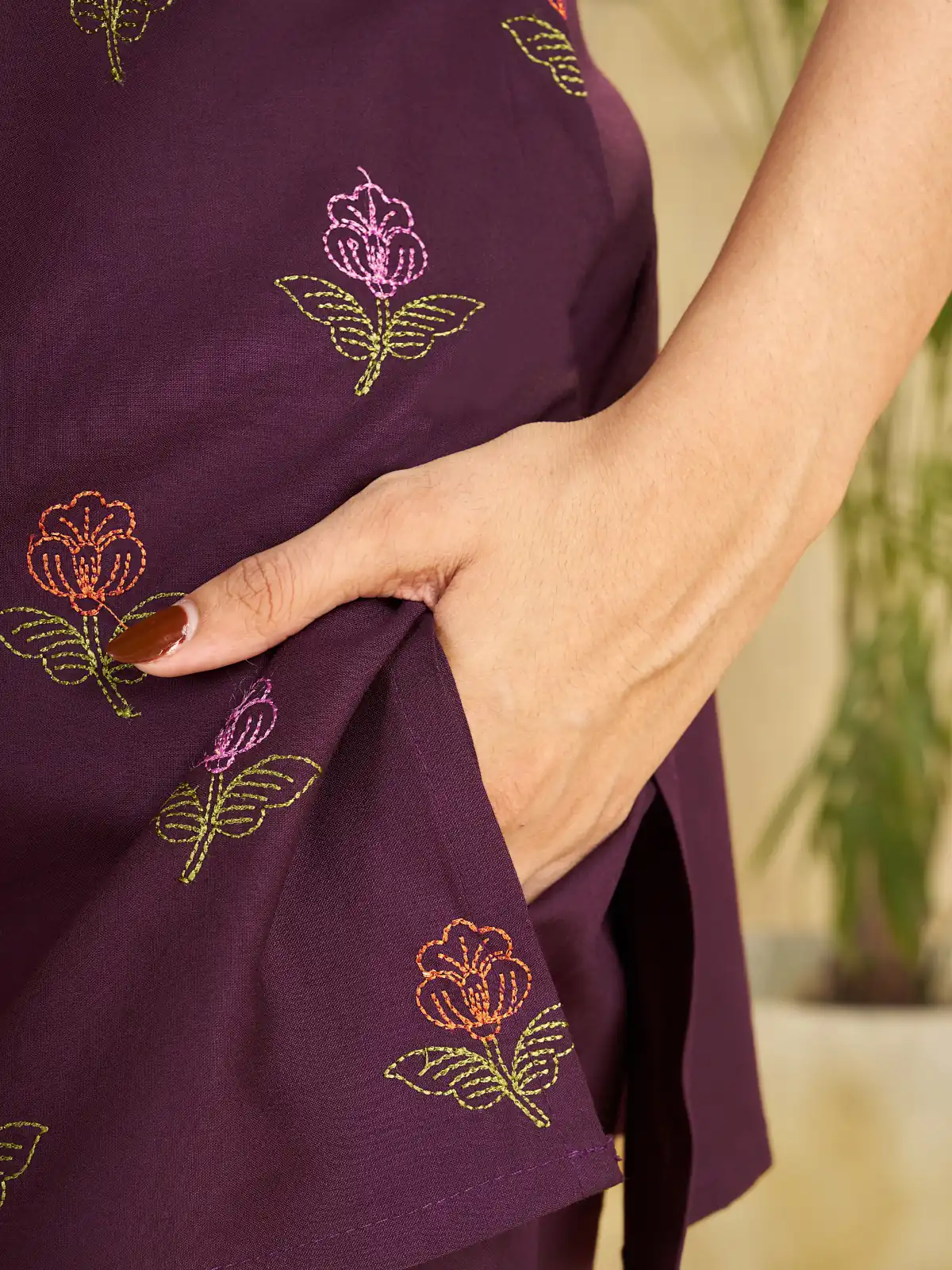 Unique Wine Viscose Rayon Embroidery Work Kurti