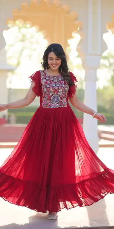 KA 1179 Maroon Faux Blooming Gown with Embroidery Work & Sequins Work. Special Price ₹1769. Delivery 4-6 Working Days. Shop now. | Gowns, Bollywood Gowns, Creative Gowns, Designer Gowns, Embroidered Gowns, Party Wear Gowns