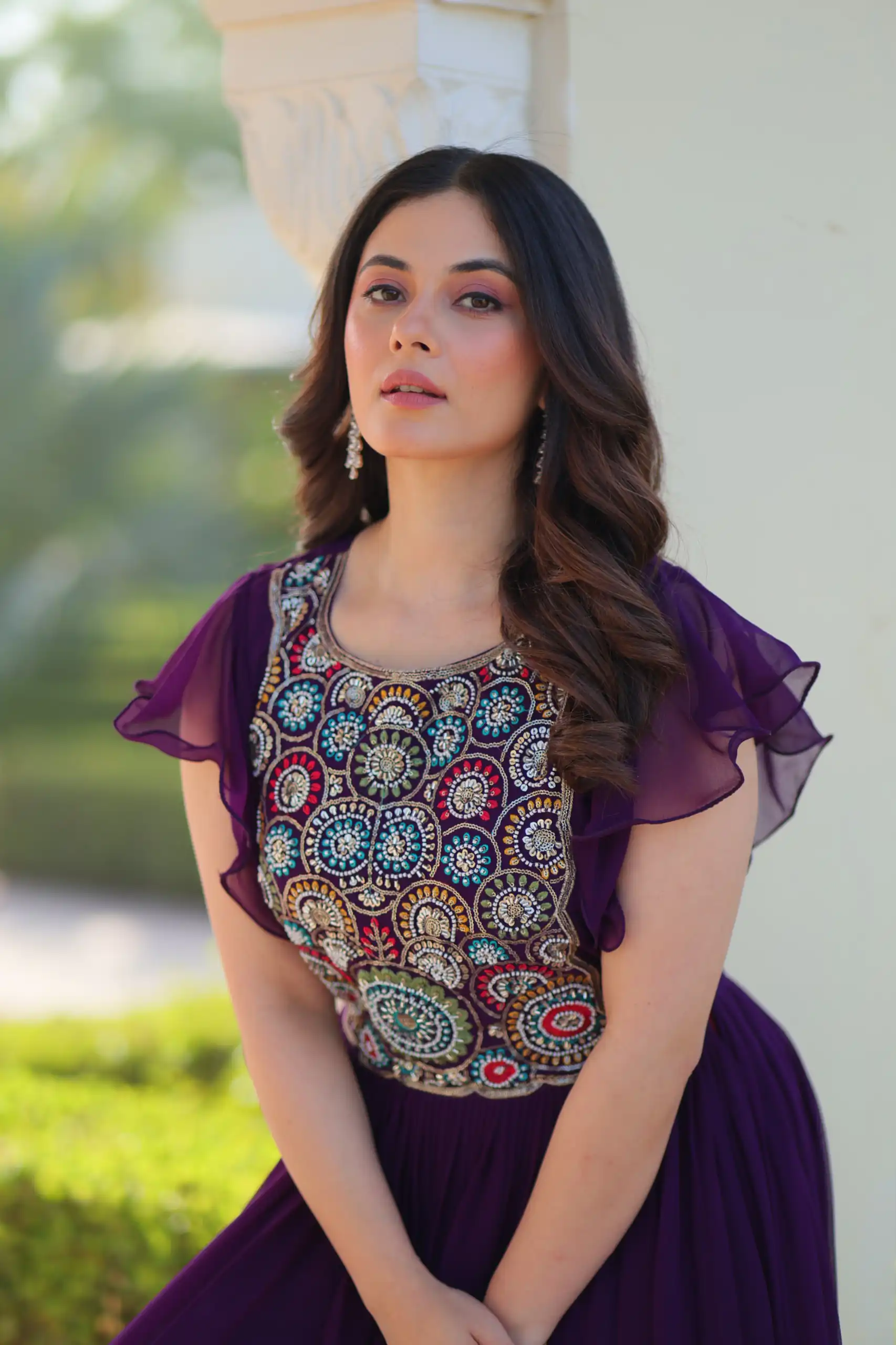 KA 1179 Purple Faux Blooming Gown with Embroidery Work & Sequins Work. Special Price ₹1769. Delivery 4-6 Working Days. Shop now. | Gowns, Bollywood Gowns, Creative Gowns, Designer Gowns, Embroidered Gowns, Party Wear Gowns