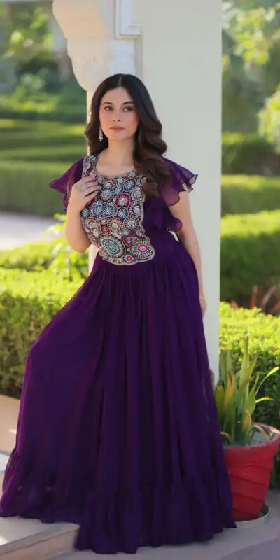 KA 1179 Purple Faux Blooming Gown with Embroidery Work & Sequins Work. Special Price ₹1769. Delivery 4-6 Working Days. Shop now. | Gowns, Bollywood Gowns, Creative Gowns, Designer Gowns, Embroidered Gowns, Party Wear Gowns