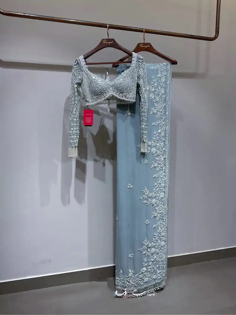 DF 3478 Sky Blue Faux Georgette Embroidery Work Saree . Perfect for Wedding, Party, Onam, Family ,Festive Deal ₹2049. Delivery 4-6 Working Days | Sarees, Bollywood Sarees, Creative Sarees, Designer Sarees, Embroidered Sarees, Ethnic Saree, Modern Digital sarees, Party Wear Sarees
