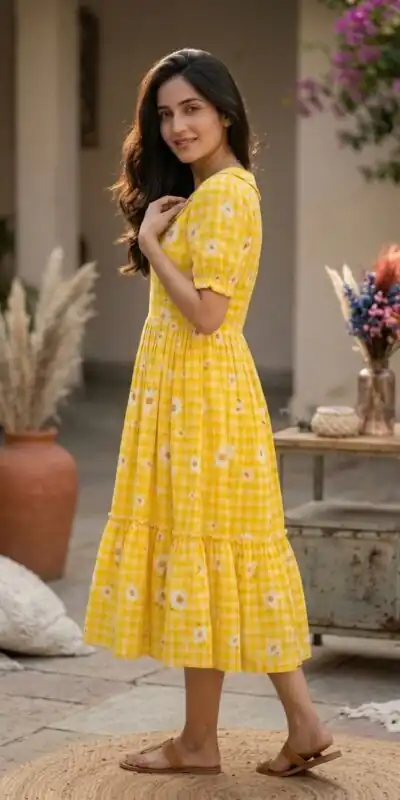 KA 1257 Mustard Muslin Silk Gingham Printed Kurti with Designer Work. Special Price ₹1519. Delivery 4-6 Working Days. Shop now. | Kurti, Bollywood Kurti, Creative Kurtis, Designer Kurti, Party Wear Kurti, Selfie Kurti