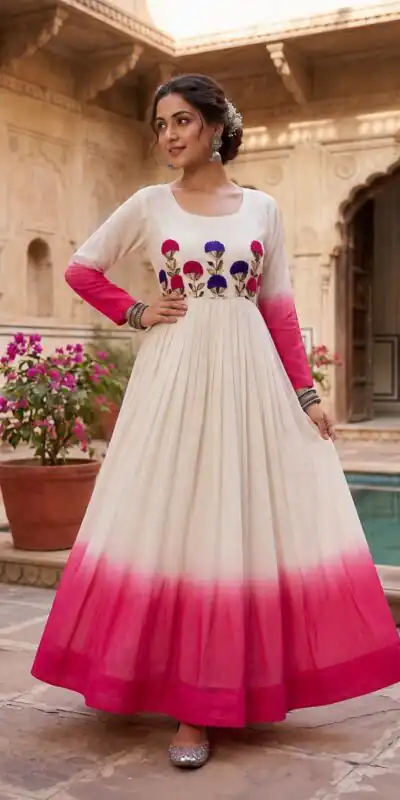KA 1263 Pink |Star Georgette Gown with Thread Embroidery & Embroidery Work. Special Price ₹1669. Delivery 4-6 Working Days. Shop now. | Gowns, Bollywood Gowns, Creative Gowns, Designer Gowns, Embroidered Gowns, Party Wear Gowns