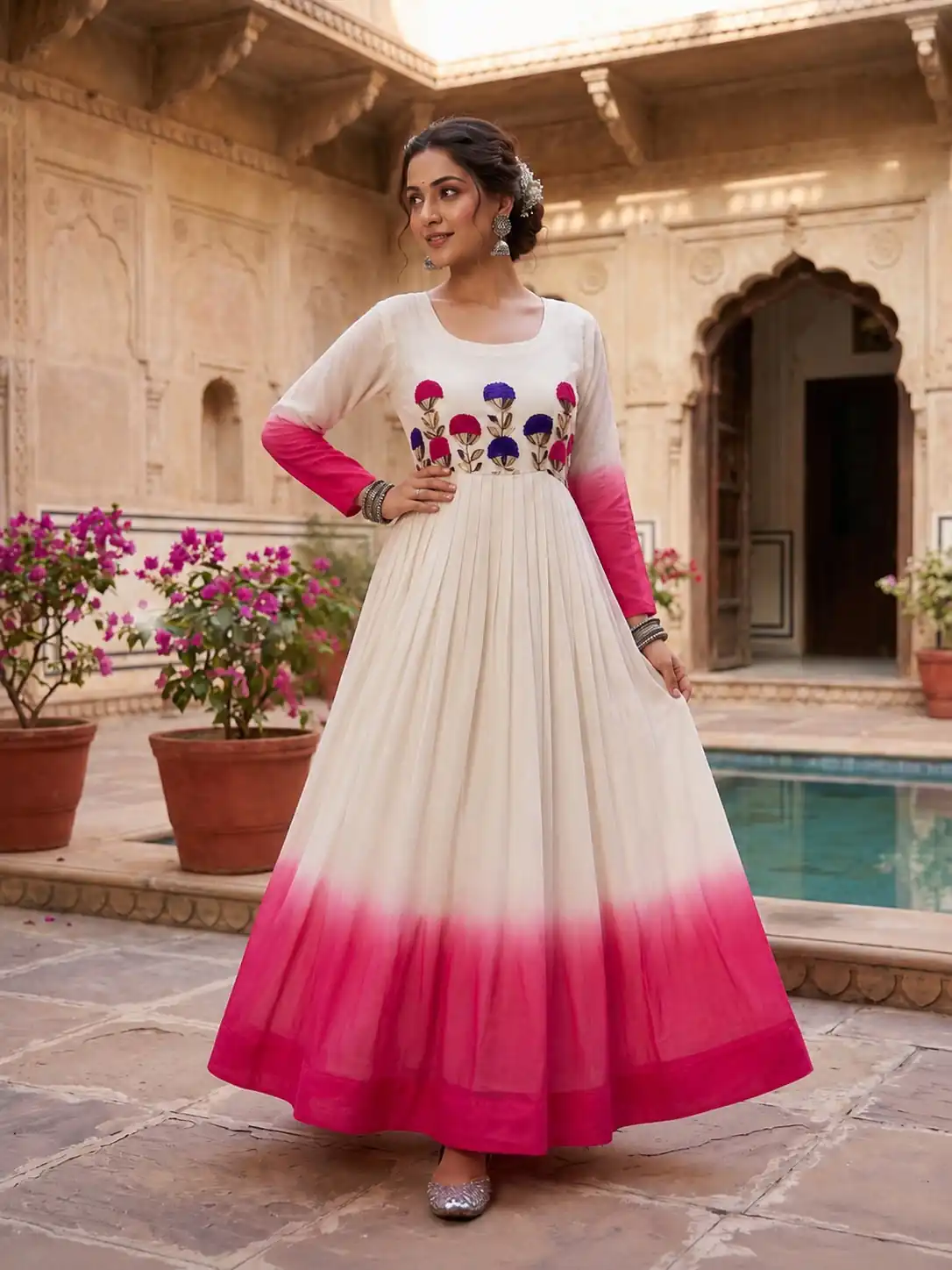 KA 1263 Pink |Star Georgette Gown with Thread Embroidery & Embroidery Work. Special Price ₹1669. Delivery 4-6 Working Days. Shop now. | Gowns, Bollywood Gowns, Creative Gowns, Designer Gowns, Embroidered Gowns, Party Wear Gowns