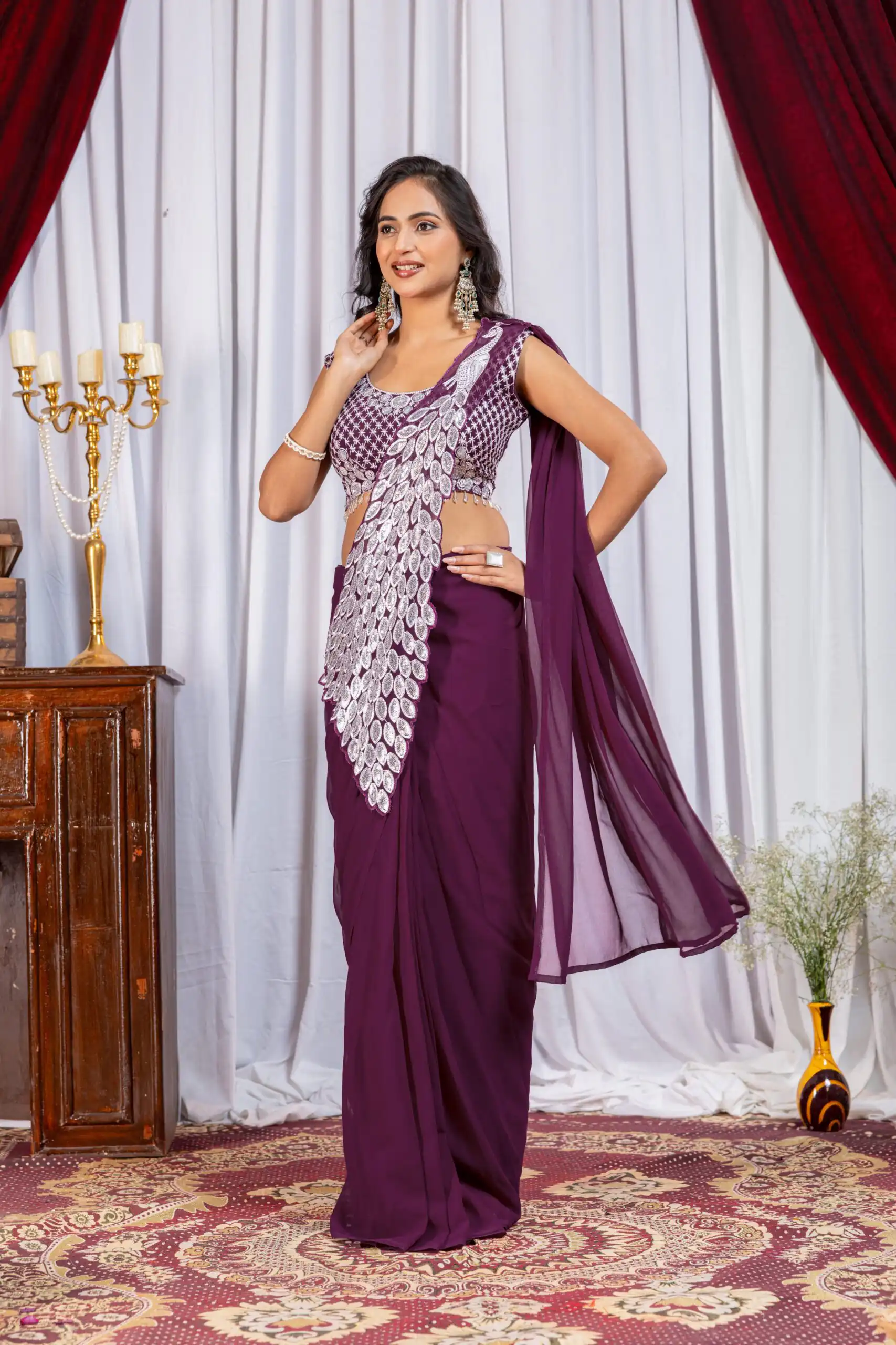 ST 1165 Wine Faux Georgette Saree with Embroidery Work & Sequins Work. Now at just ₹1799. Delivery 4-6 Working Days. Shop now. | Sarees, Bollywood Sarees, Creative Sarees, Designer Sarees, Embroidered Sarees, Ethnic Saree, Modern Digital sarees, Party Wear Sarees