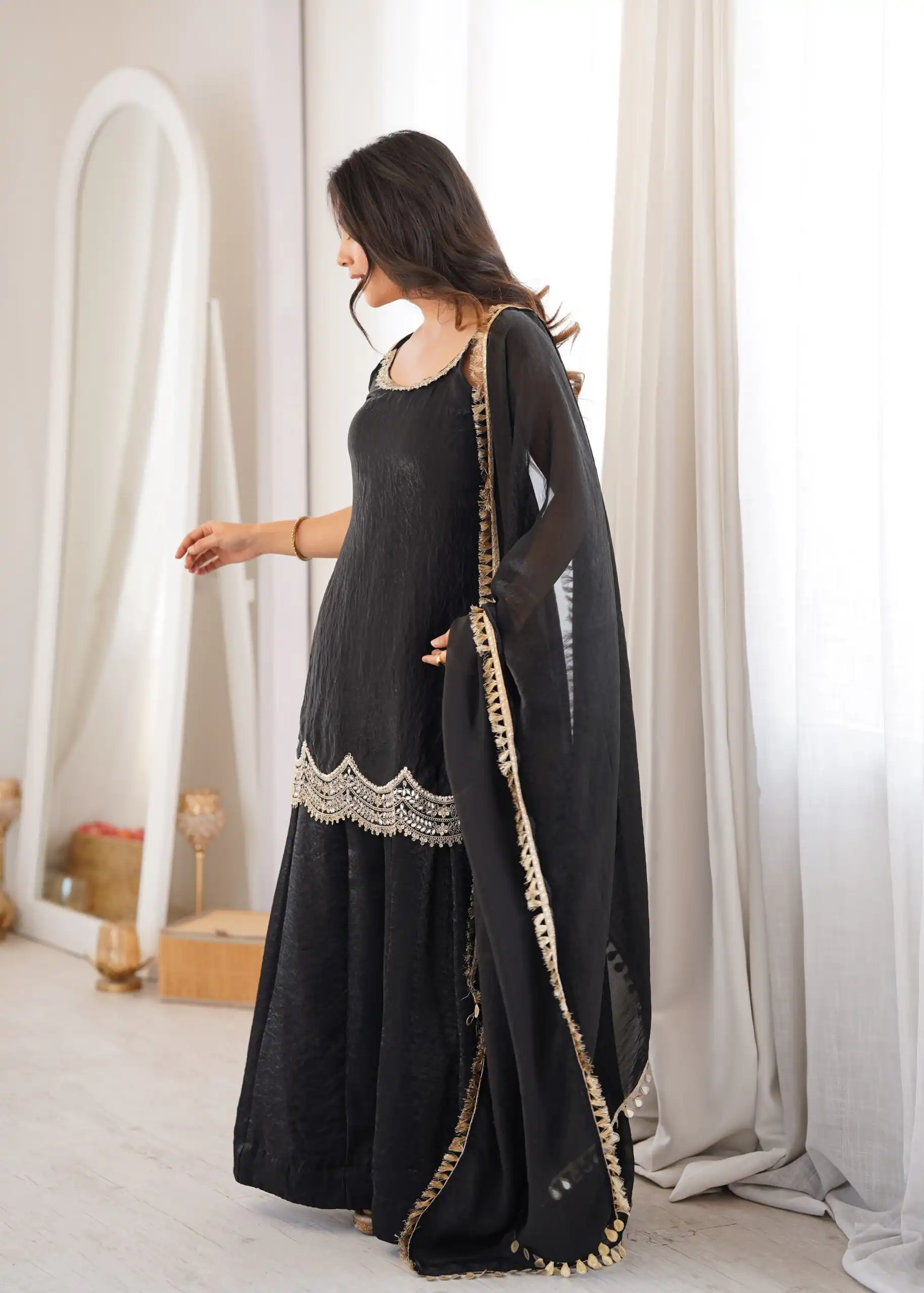 Aglow Black Fendy Silk ⁠Embroidery Mirror Work Salwar Suit