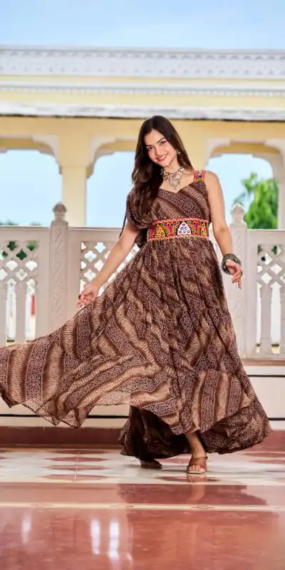 Aglow Brown Faux Georgette Printed Mirror Work Gown