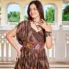 Aglow Brown Faux Georgette Printed Mirror Work Gown