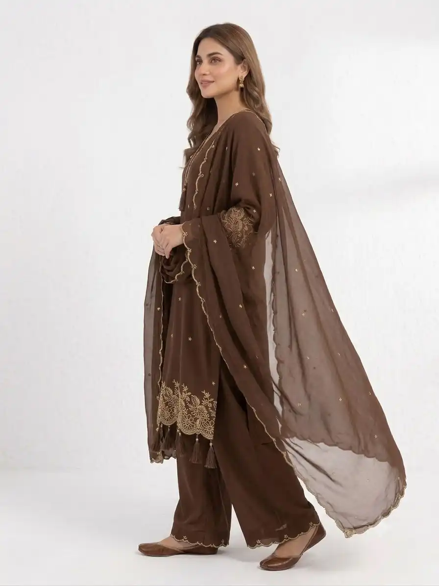 Aglow Brown Rayon Embroidery Lace Work Salwar Suit