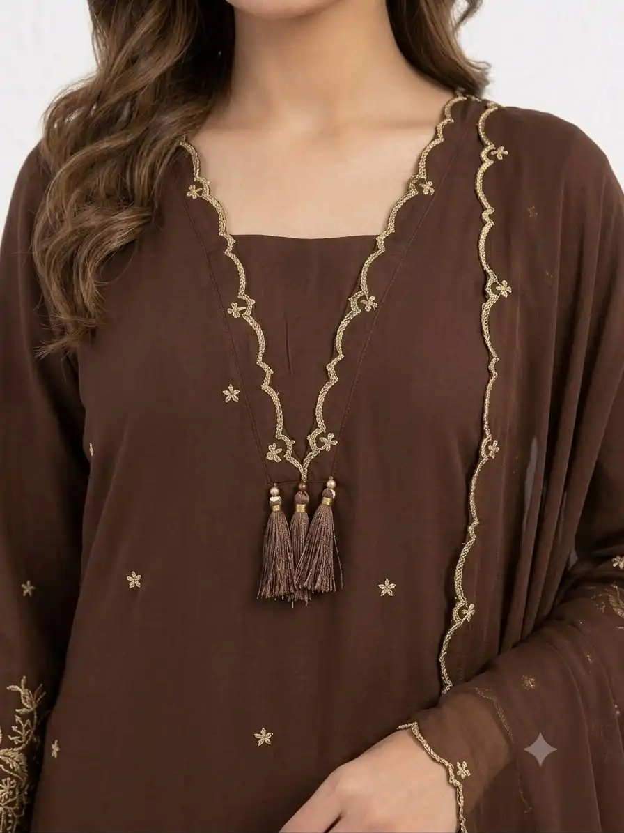 Aglow Brown Rayon Embroidery Lace Work Salwar Suit