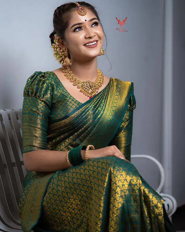 Aglow Green Lichi Silk Jacquard Work Saree