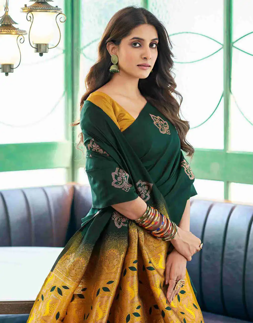 Aglow Green Soft Lichi Silk Jacquard Work Saree