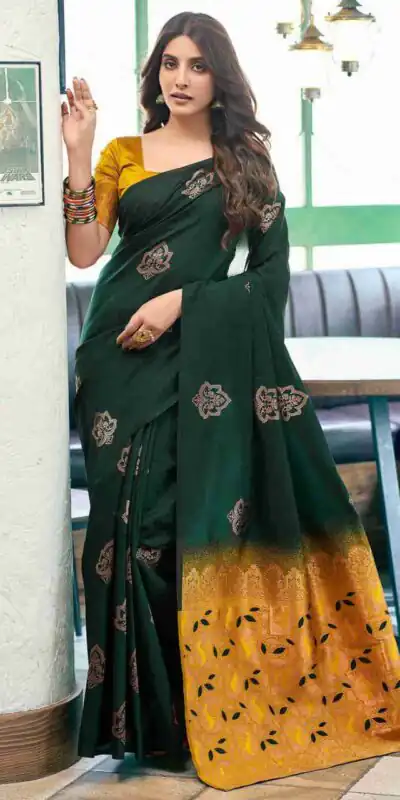 Aglow Green Soft Lichi Silk Jacquard Work Saree