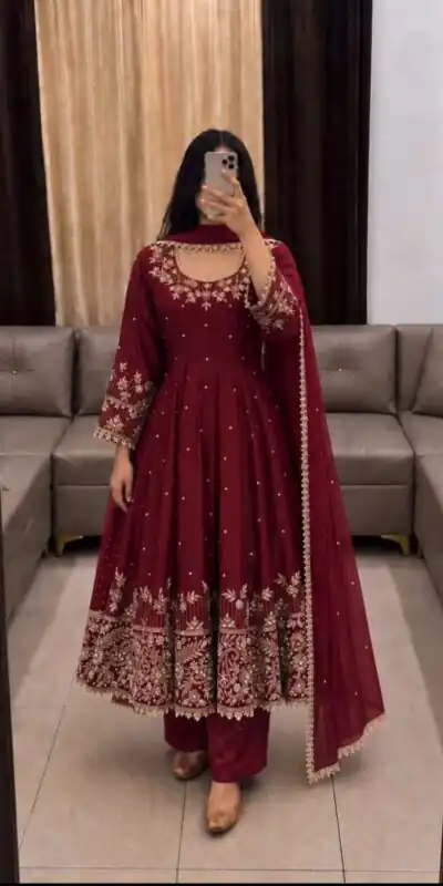 Aglow Maroon Faux Georgette Embroidery Work Gown