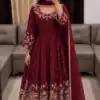 Aglow Maroon Faux Georgette Embroidery Work Gown
