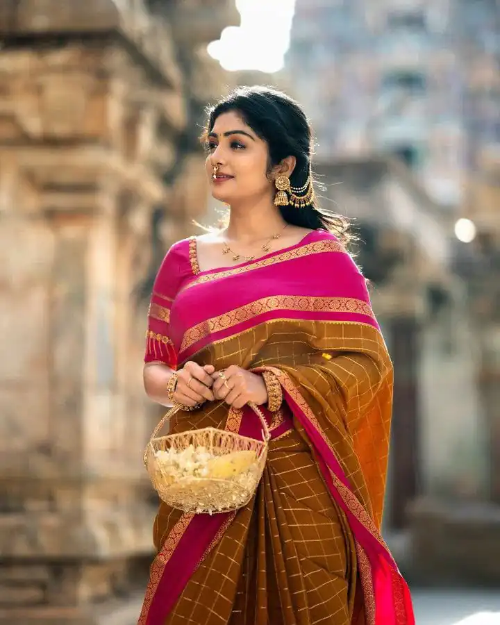 Aglow Mustered Soft Lichi Silk Jacquard Work Saree