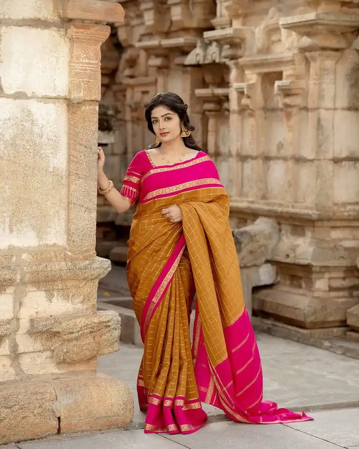 Aglow Mustered Soft Lichi Silk Jacquard Work Saree