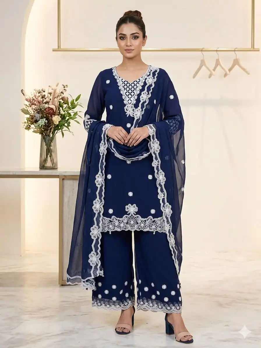 Aglow Navy Blue Georgette Embroidery Work Salwar Suit