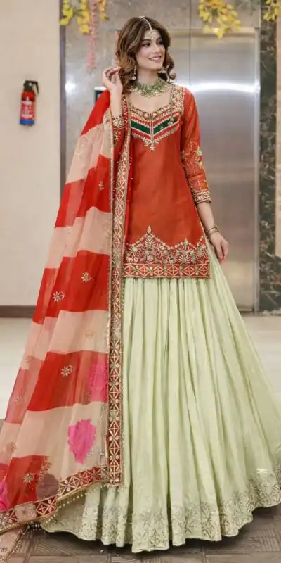 Aglow Orange Fandy Silk Sequins Work Lehenga Choli