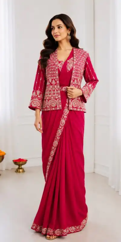Aglow Pink Crep Silk Embroidery Work Saree