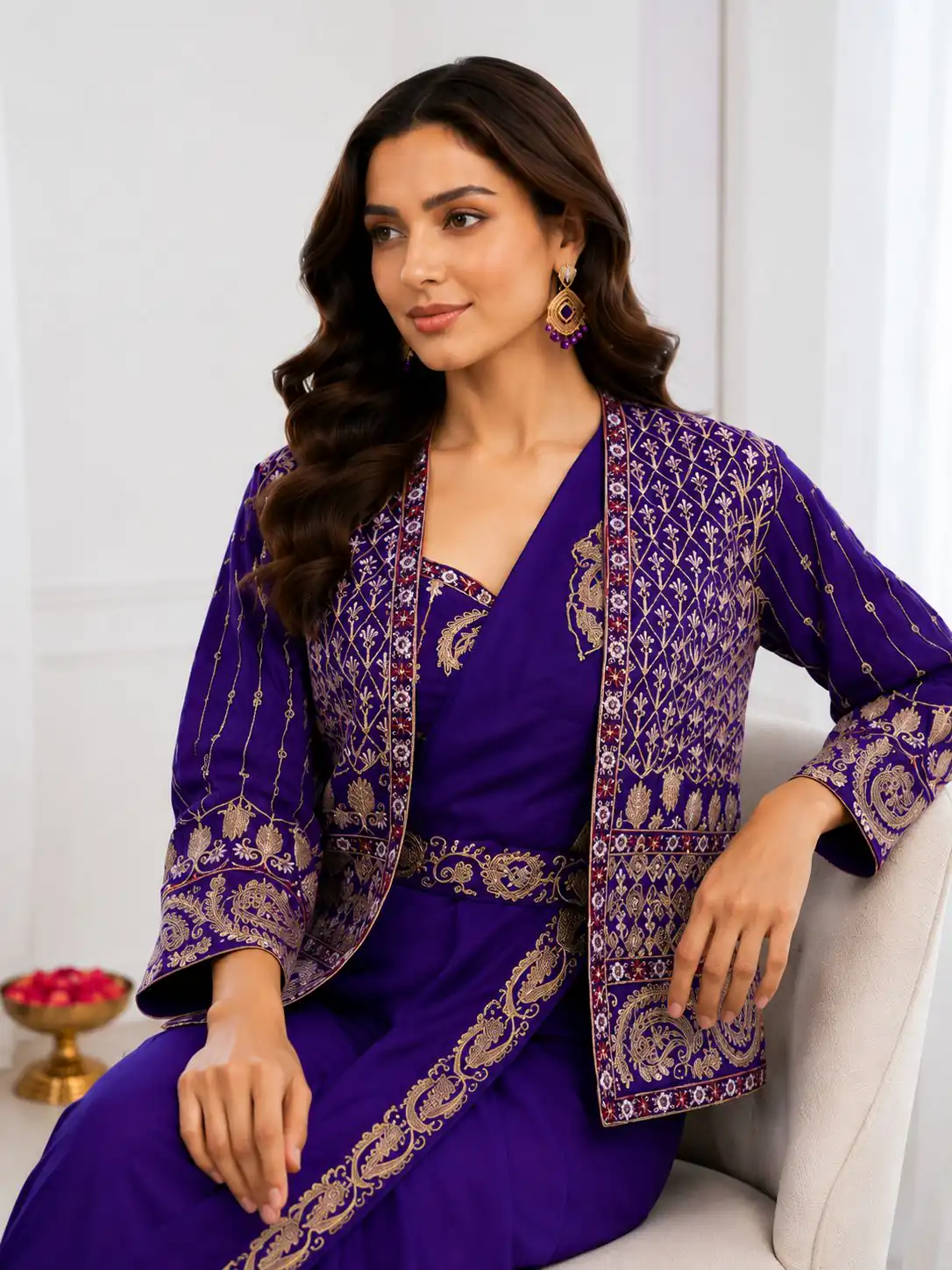 Aglow Purple Crep Silk Embroidery Work Saree