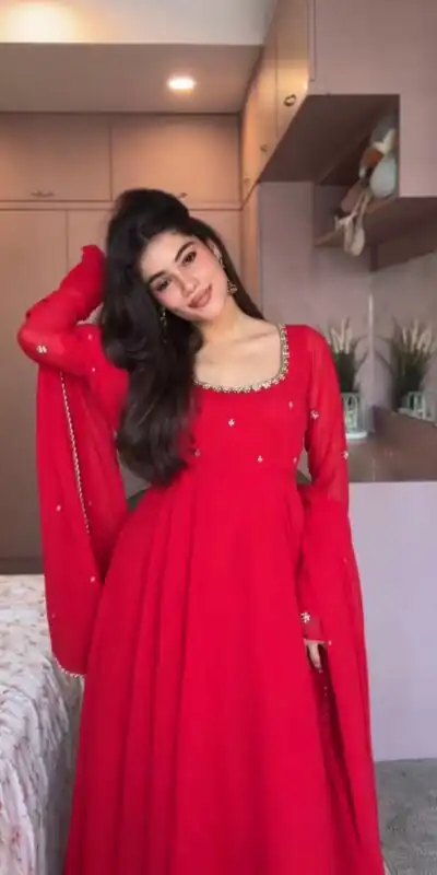 Aglow Red Faux Georgette Embroidery Work Gown
