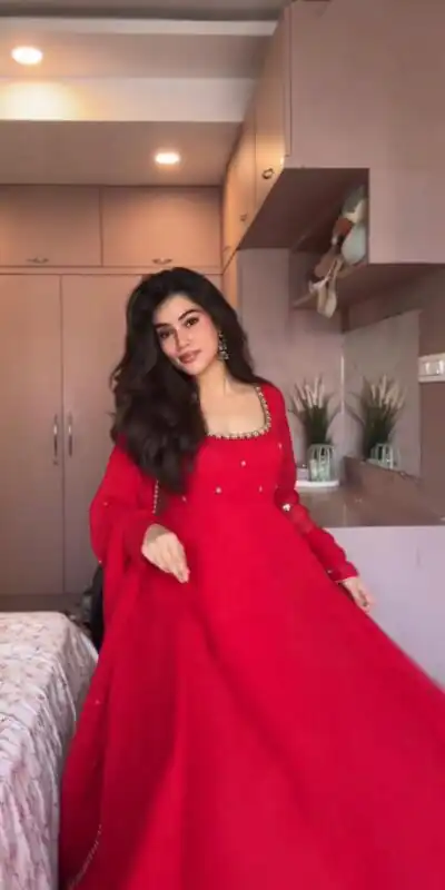 Aglow Red Faux Georgette Embroidery Work Gown