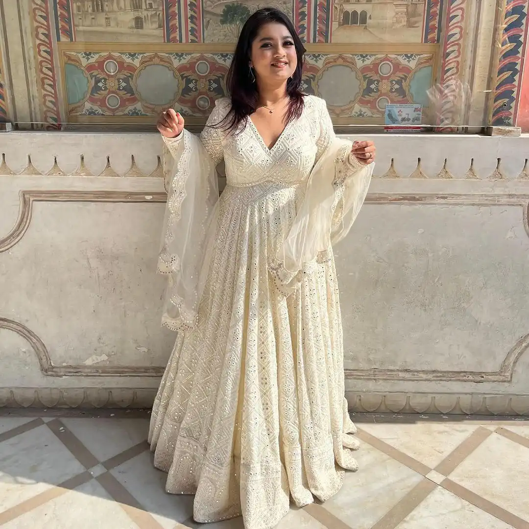 Aglow White Fox Georgette Embroider Work Gown