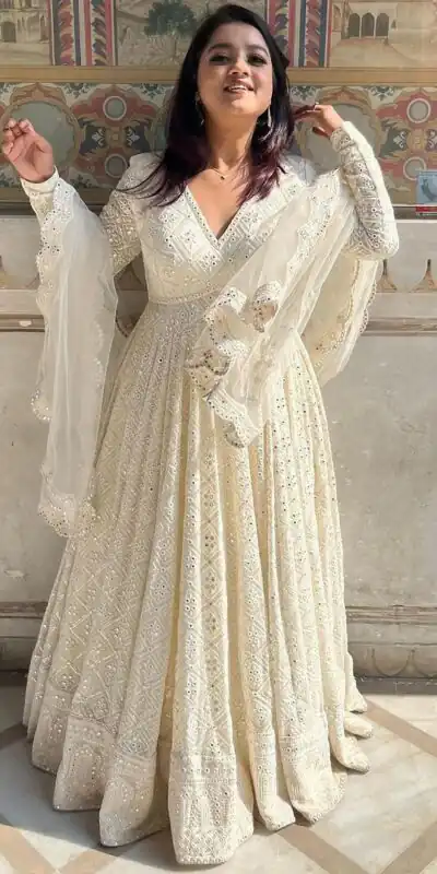 Aglow White Fox Georgette Embroider Work Gown
