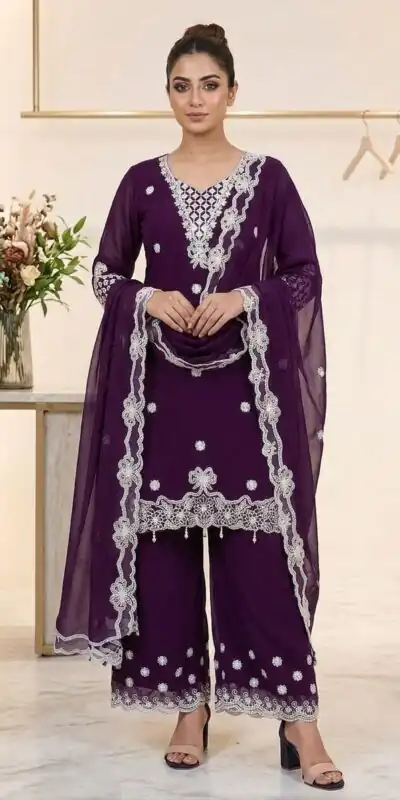 Aglow Wine Georgette Embroidery Work Salwar Suit
