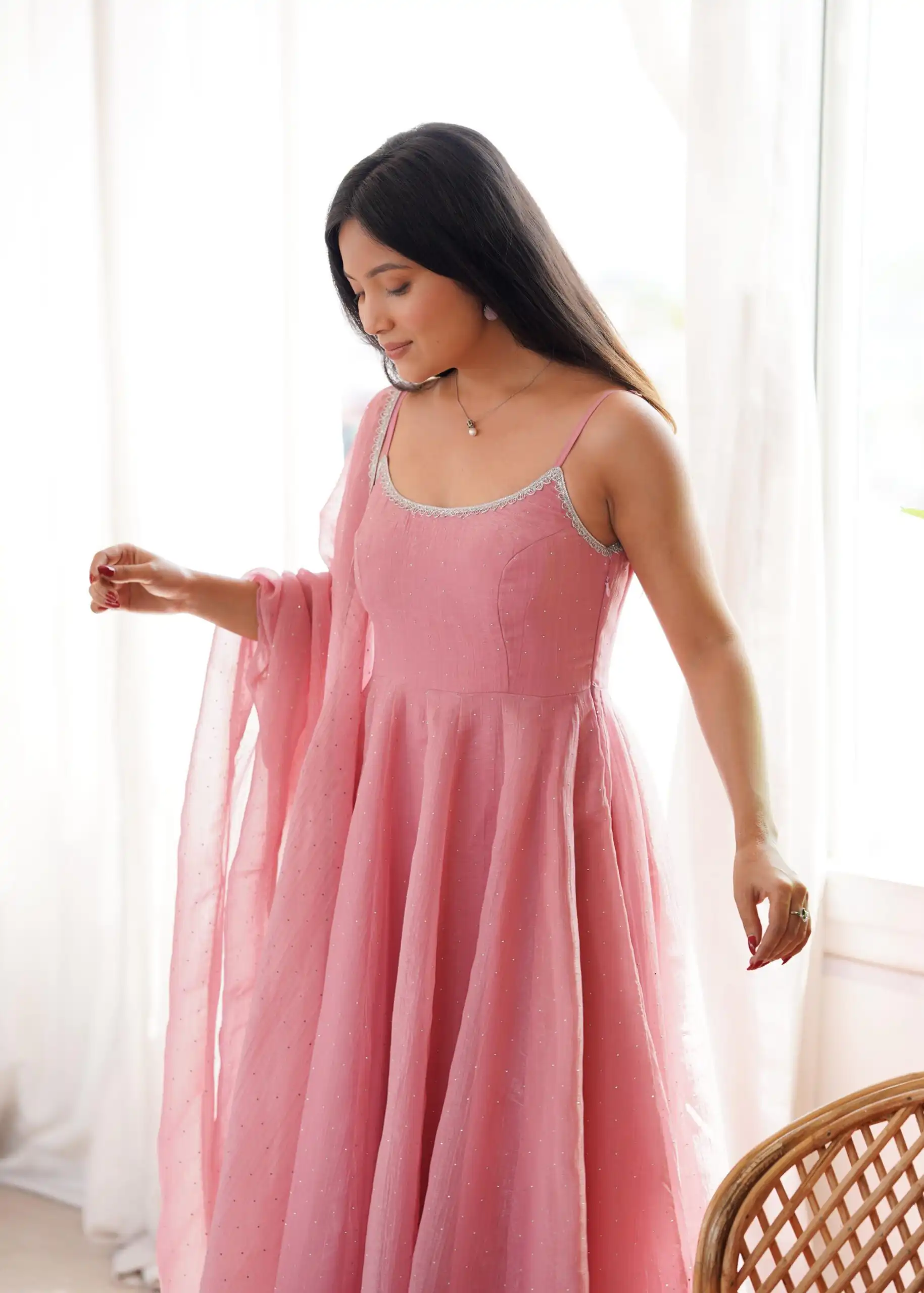 Alluring Pink Crunchy Silk Piroshki Work Anarkali Suit