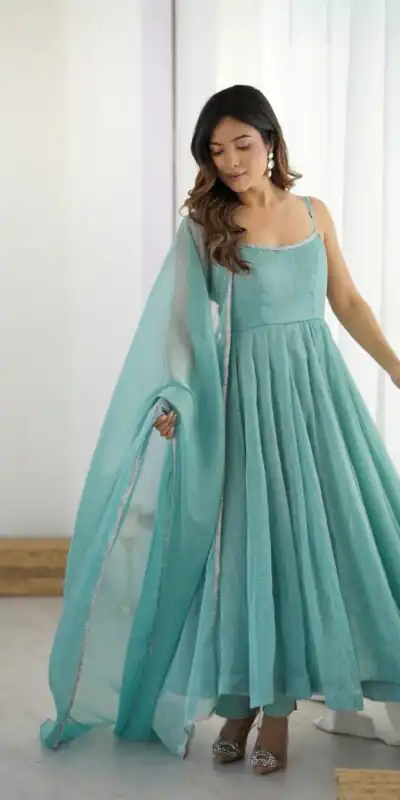 Alluring Sky Blue Crunchy Silk Piroshki Work Anarkali Suit