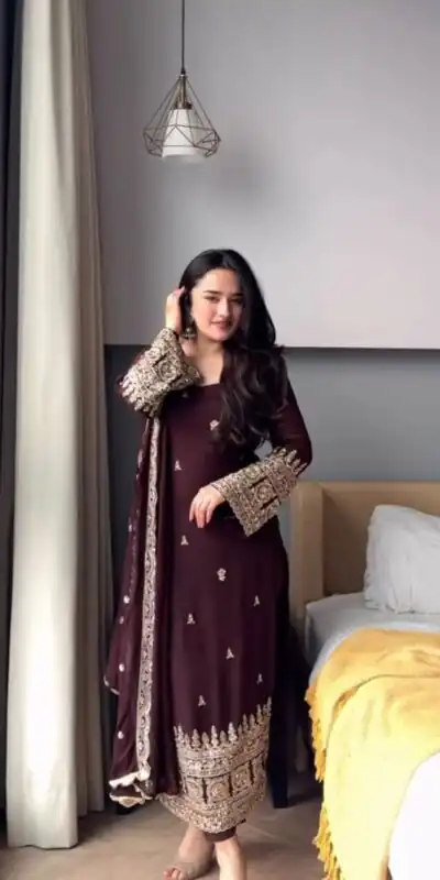 Attractive Brown Faux Georgette Sequence Work Salwar Suit