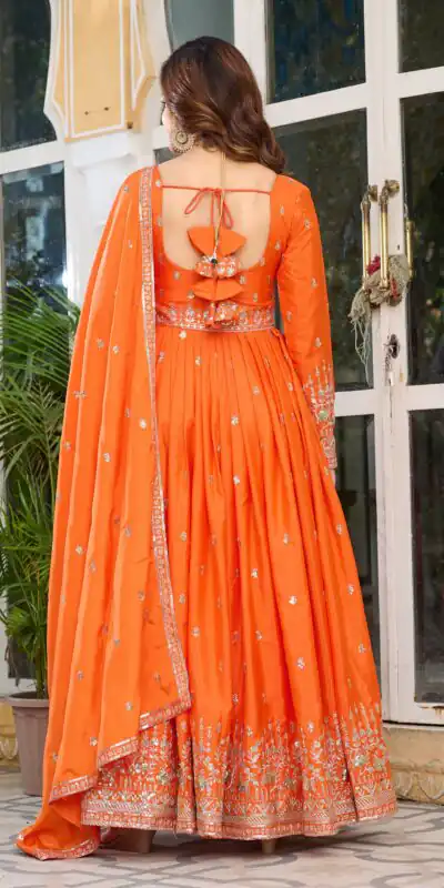 Attractive Orange American Silk Sequins Work Gown
