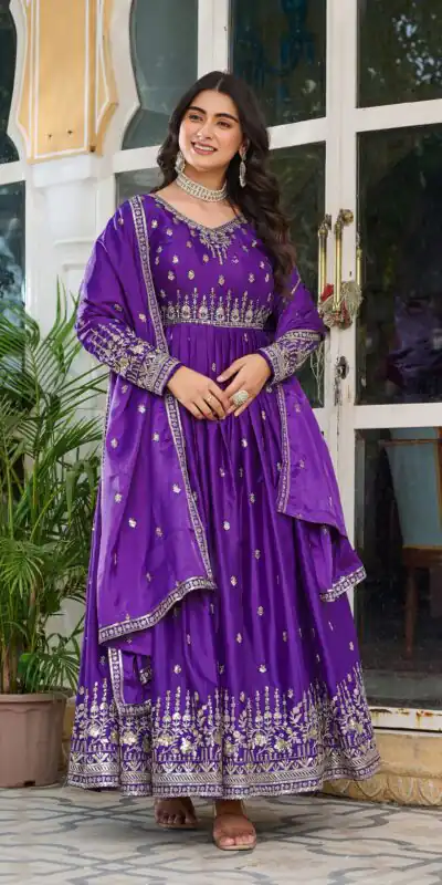 Attractive Purple American Silk Sequins Work Gown