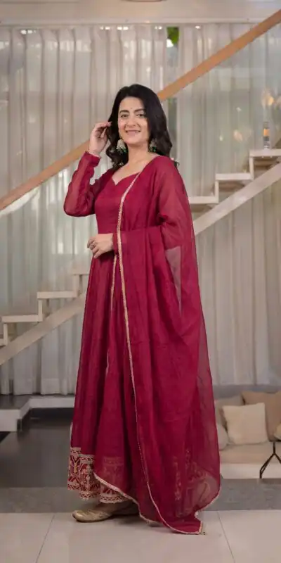 Attractive Red Crunchy Silk Embroidery Work Anarkali Suit