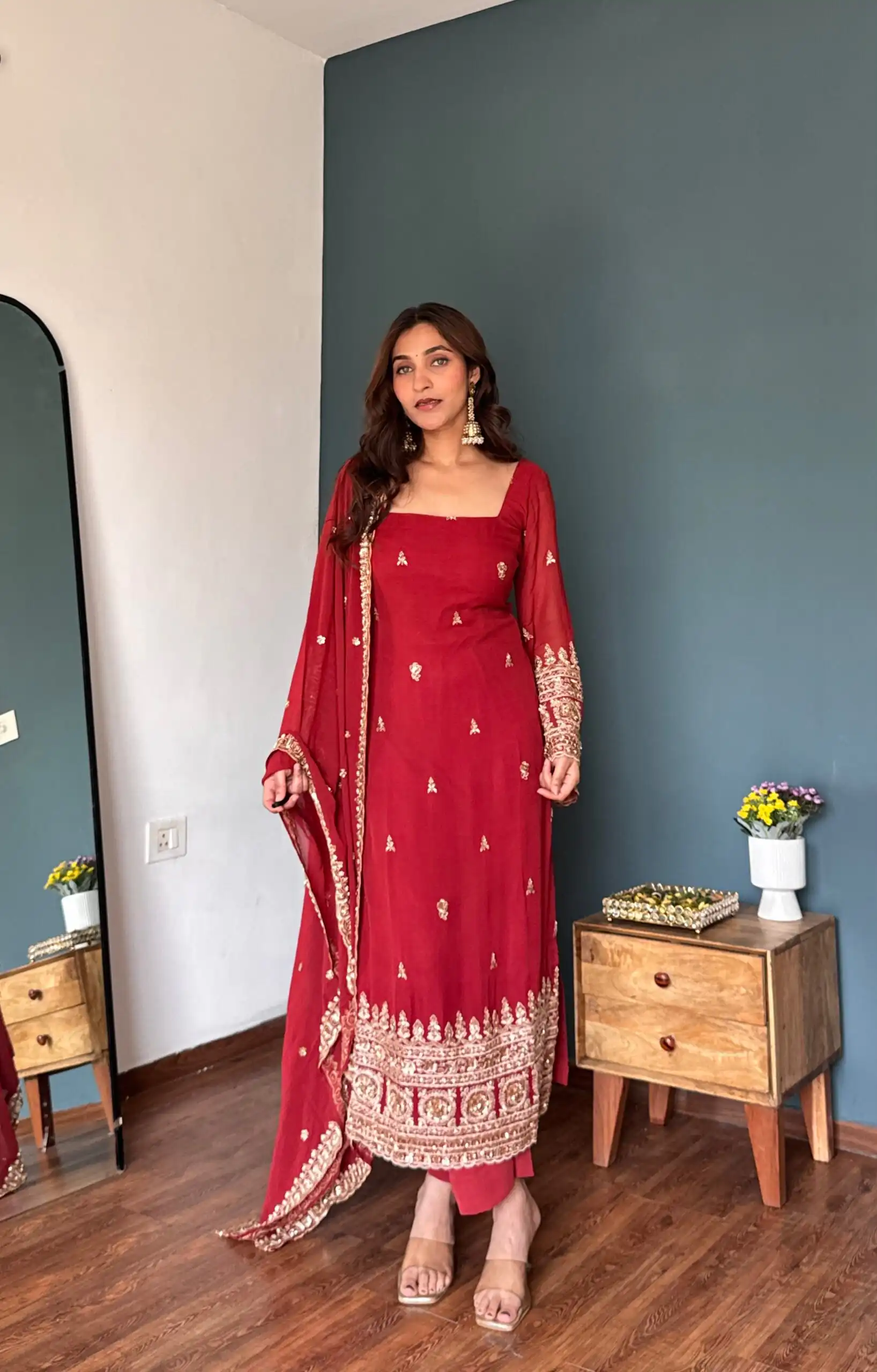 Attractive Red Faux Georgette Sequence Work Salwar Suit