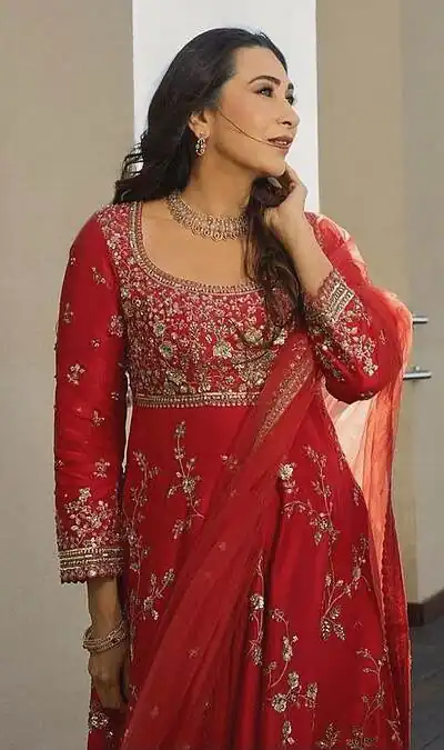 Attractive Red Georgette Embroidery Work Gown