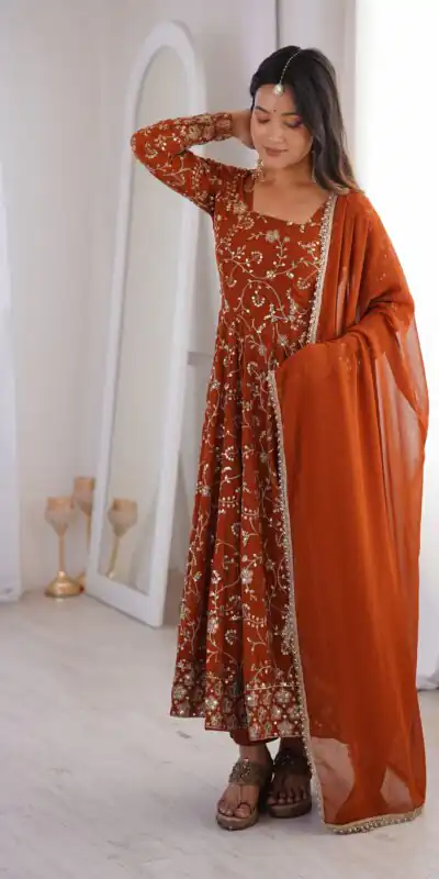 Beautiful Rust Fox Georgette Embroidery Work Gown