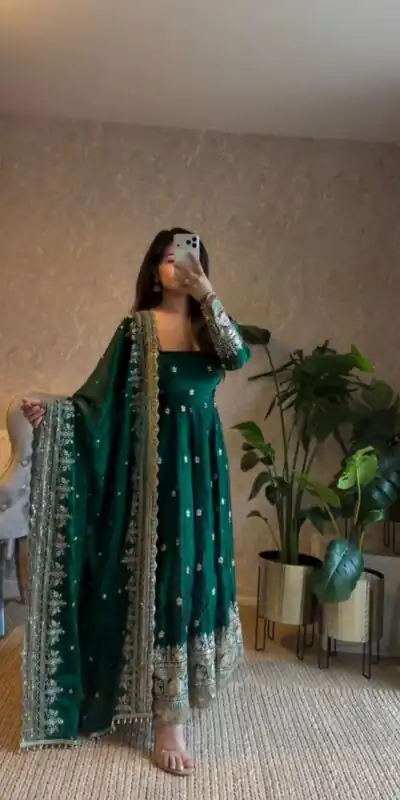 Classic Green Georgette Embroidery Work Gown