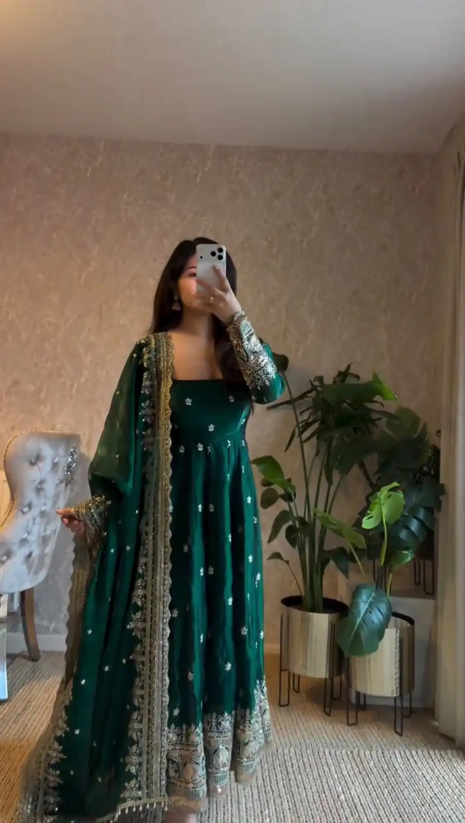 Classic Green Georgette Embroidery Work Gown