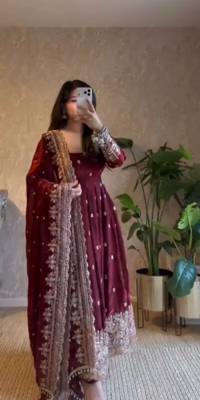 Classic Maroon Georgette Embroidery Work Gown