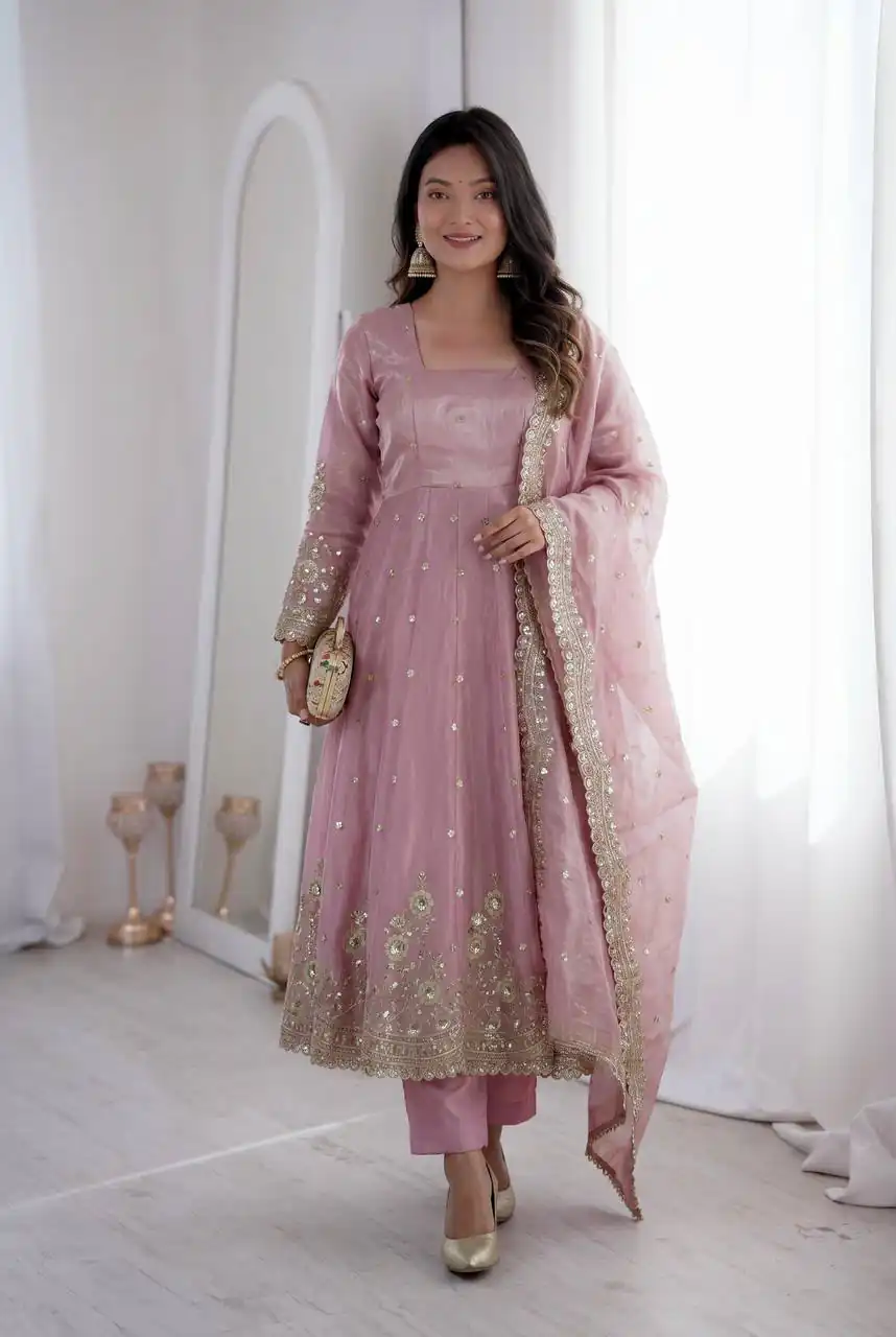Classic Pink Fendy Silk Embroidery Sequins Work Gown